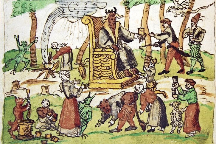 Sabbat de sorcières, tiré de la Chronique de Johann Jakob Wick (XVIe siècle). Un rituel d’inversion où le Diable se fait embrasser le fessier.  © DR
