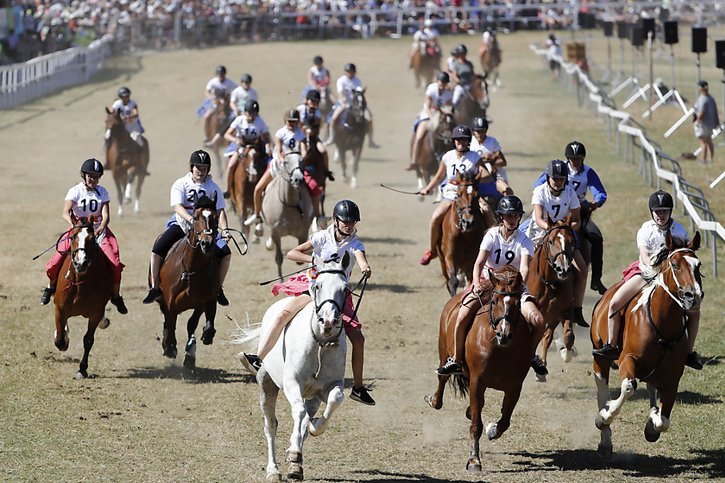 Les courses de chevaux du Marché-Concours vont pouvoir reprendre leurs droits à Saignelégier (JU) samedi et dimanche après trois ans d'attente. (Archives) © KEYSTONE/PETER KLAUNZER