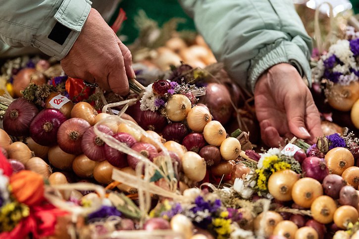 Des tonnes d'oignons, d'ail, de carottes, de poireaux et de salsifis sont proposés au "Zibelemärit" (archives). © KEYSTONE/PETER SCHNEIDER
