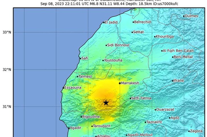 L'épicentre du séisme se situait dans la province d'Al-Haouz, au sud-ouest de la ville Marrakech. © KEYSTONE/EPA/USGS HANDOUT